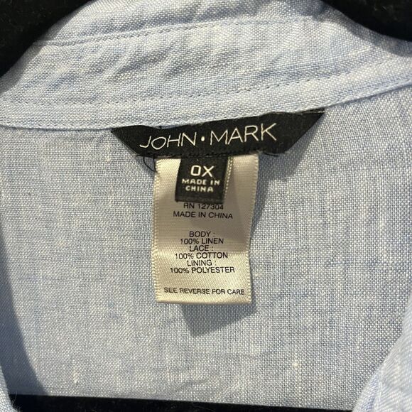 John Mark Top Women’s 0X Blue Button Up Linen Cotton Lace Back Roll Tab Sleeve - Picture 3 of 8